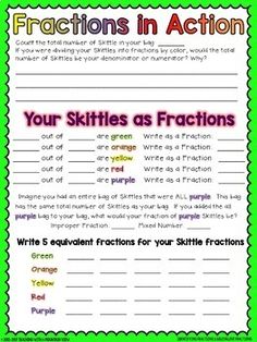 a green and white poster with words that say fractions in action, your skittles as fractions