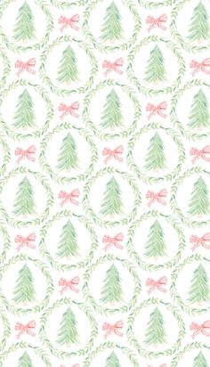 a watercolor christmas tree pattern with pink bows and green leaves on a white background