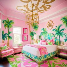 a bedroom decorated in pink, green and gold with palm trees painted on the walls