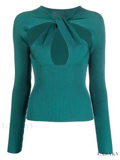 Lasaky - Chic Round Neck Hollow-out Knit Sweater with Twist Knot Design, Flattering Fit Edgy Glam, Lace Halter Dress, Deep V Dress, Knit Wear, Cyan Blue, Airport Fashion, Collars For Women, Knitted Top, Green Sweater