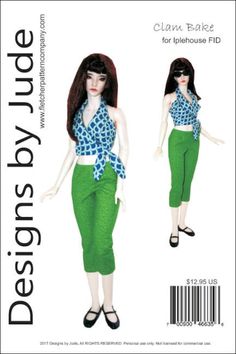 the doll is wearing green pants and a blue top with polka dot print on it