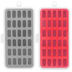 two plastic trays with holes on each side and one has red and gray squares