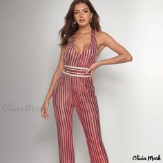 Olivia Mark - Chic Sequin Jumpsuit with Waist Belt for Parties and Casual Wear Fitted Halter Neck Jumpsuits And Rompers For Party Season, Fitted Halter Neck Jumpsuit For Party Season, Glamorous Halter Neck Jumpsuits And Rompers, Glamorous Halter Neck Jumpsuit, Pink Fitted Halter Neck Jumpsuit Or Romper, Pink Fitted Halter Neck Jumpsuit, Pink Halter Neck Jumpsuit For Party, Glamorous Fitted Halter Neck Jumpsuits And Rompers, Pink Halter Neck Bodysuit For Party