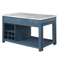 a blue kitchen island with marble top and two drawers on casteors, in front of a white background