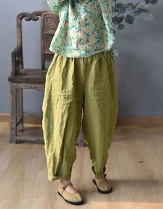 Over Size 9-point Pure Linen Trousers — Obiono Spring Green Harem Pants With Loosely Fitted Hips, Green Harem Pants With Loosely Fitted Hips For Spring, Linen Wide-leg Harem Pants, Baggy Linen Wide-leg Harem Pants, Green Cotton Wide Leg Pants For Summer, Baggy Linen Harem Pants, Green Relaxed Fit Wide Leg Pants For Summer, Green Tapered Leg Harem Pants For Summer, Summer Green Harem Pants With Tapered Leg