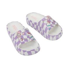 Hello Kitty Character Toss Floral And Cloud Art Women's Slides-Large Playful Open Toe Slides For Spring, Cute Spring Slip-on Slides, Cute Slip-on Slides For Spring, Cute Synthetic Flat Slides, Cute Spring Slides, Playful White Slippers For Summer, Playful Synthetic Slip-on Slides, Fun Slide Slippers For Spring, Spring Playful Synthetic Slides