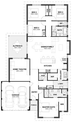 the floor plan for a three bedroom house with two car garages and an attached living area