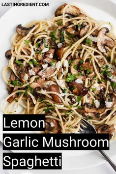 lemon garlic mushroom spaghetti on a white plate