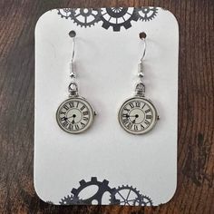 New Silver-Tone Steampunk Clock Dangle Earrings (1.6" Long X 0.7" Wide) (Version 2) Clock Earrings, Silly Earrings, Steampunk Clock, Steampunk Earrings, 2 Colours, Silver Tone, Dangle Earrings, Clock, Gift Ideas