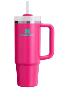 a pink travel mug with a straw sticking out of the lid and an insulated handle