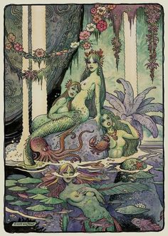 an image of mermaids in the water with flowers on their head and two other creatures around