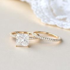 Princess Cut Moissanite Engagement Ring Set 2pcs - Felicegals Moissanite Wedding Ring Set, Princess Cut Engagement, Moissanite Engagement Ring Set, Princess Cut Moissanite, Detailed Engagement Ring, Yellow Engagement Rings, Diamond Wedding Rings Sets, Solid Gold Band, Wedding Rings Solitaire