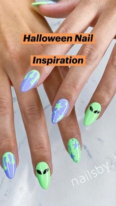 Ghost Flame Nails, Tropical Halloween Nails, Buzz Light Year Nails, Green Halloween Nails, Hippie Nail Art, 90s Nails, Nail Practice, Witchy Nails