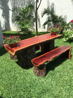 a wooden bench sitting on top of a green grass covered field next to a tree