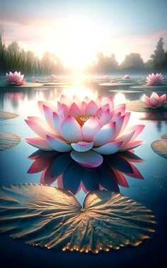 a large pink flower sitting on top of a lake filled with water lilies in front of the sun