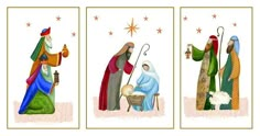 three nativity cards with the birth of jesus