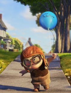 a cartoon character holding a blue balloon in the air while walking down a sidewalk next to a house