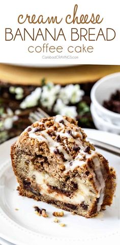 a piece of cream cheese banana coffee cake on a plate