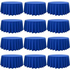 six rows of blue round tablecloths on white background