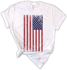 Summer Flag Print T-shirt With Relaxed Fit, Red Distressed Short Sleeve T-shirt, Red Distressed Crew Neck T-shirt, American Style Pre-shrunk Short Sleeve Shirt, Short Sleeve Shirt With American Flag, Short Sleeve Americana Shirt With American Flag, Casual American Flag Shirt For Memorial Day, Casual Memorial Day Shirt With American Flag, Red Americana T-shirt With American Flag