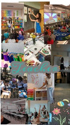 a collage of photos with children and teachers