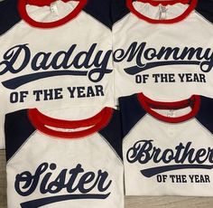 We now have shirts for the rest of the family to go with our Rookie Of They Year Birthday Shirts! Mommy, Daddy, Brother, and Sister of the Year Shirts are now available! Shirts are white with navy sleeves and red collar. For a small additional fee, we can customize the adult shirts as shown. Don't see your size? Message us for additional size options! SHIPS FAST!! ALL ORDERS SHIP OUT WITHIN 1-2 BUSINESS DAYS Personalized Cotton T-shirt For Game Day, Personalized Game Day Tops With Team Spirit, Matching Letter Print Tops For Family Events, Family Matching Cotton T-shirts For Game Day, Customizable Tops For Family Events On Father's Day, Customizable White Tops For Family Gatherings, Customizable Family Matching Tops, Customizable Team Spirit Tops For Birthday, Personalized White Tops For Game Day