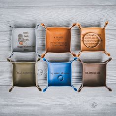 four personalized leather coasters in different colors