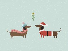 two dachshunds wearing sweaters and hats are facing each other in front of a christmas tree