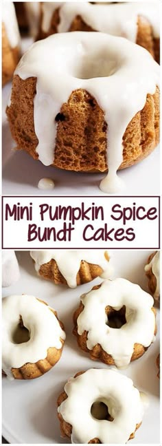 mini pumpkin spice bundt cakes with white frosting on top and in the middle