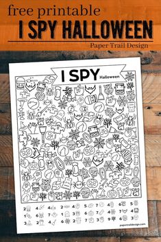 a printable i spy halloween coloring page with the text, free printable i spy halloween paper trail design