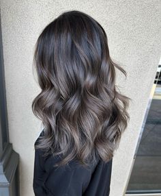 Black Ashy Balayage, Ash Grey Highlights On Brown Hair, Cool Toned Balayage On Dark Hair, Dark Hair Balayage Straight, Smokey Brown Balayage, Ashy Black Hair Balayage, Mushroom Brown Highlights On Dark Hair, Ash Brown Babylights On Dark Hair