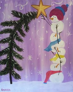 a painting of a snowman holding a star