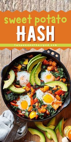 Come enjoy a healthy eating idea with this delicious Sweet Potato Hash! Packed with roasted sweet potatoes, caramelized onions, peppers, kale, eggs, and avocado. A healthy meal that's easy to make in one skillet. Start your day right with this easy, healthy breakfast!