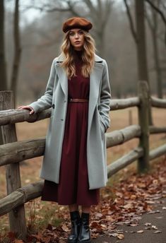 Effortless Elegance: Styling a Grey Wool Coat with a Maroon Midi Dress Fashion For Women In Their 30s, Maroon Coat Outfit, Maroon Dress Outfit, Grey Dress Outfit, Germany Outfits, Maroon Coat, Grey Wool Coat