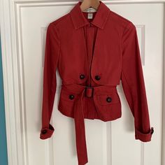 From Anthropologie. Faux Leather Buttons And Buckle. Fits Like An Xs/S. Perfect For Fall. Never Worn. 18 Inches Pit To Pit. 23 Inches In Length. Casual Fitted Belted Blazer, Casual Fitted Belted Outerwear, Vintage Spring Outerwear For Office, Vintage Spring Office Outerwear, Canvas Jacket, Anthropologie Jacket, Cotton Canvas, Anthropologie, Faux Leather