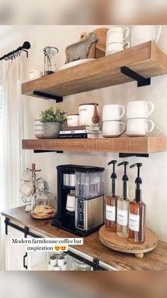 some shelves that have coffee cups and other items on them