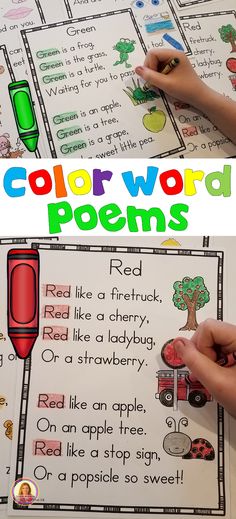 the color word poem is shown in two different pictures, one with a hand holding a pen