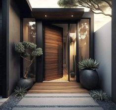 an entry way with two large black vases next to it and a wooden door