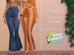 two women standing next to each other in front of a sign that says retro pants