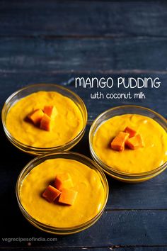 three small bowls filled with mango pudding