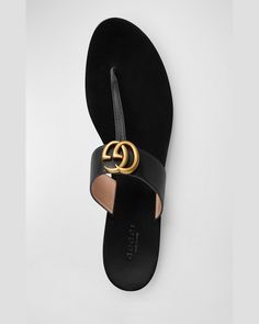 "Find GUCCI Flat Marmont Leather Thong on Editorialist. Gucci leather sandal with \"GG\" stud. Flat heel. Thong strap. Slide style. Leather lining. Smooth outsole. Made in Italy." Gucci Flats, Gucci Leather, Gucci Black, Black Satin, Leather Sandals, Slippers, Black White, Satin, Gucci