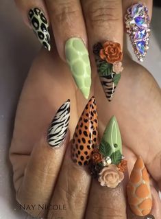 Pink Safari Nails, Jungle Theme Nails, Safari Nails Designs, 3d Nails Design, Easter Nails Short, Nail Designs 3d, Safari Nails, Nail Art 2023, Spring Nail Design