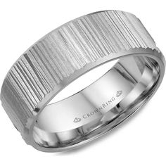 CrownRing Men's Wedding Band - Vertical Brushed Texture with Rugged Edge Detailing in 14K White Gold - 8mm Width from the Carved Collection Carved Wedding Ring, Wedding Ring Men, Mens Wedding Bands White Gold, Comfort Fit Wedding Band, Mens Gold Wedding Band, General Ideas, Classic Wedding Band, White Gold Wedding Bands, Ring Men