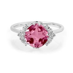 Witty Pink Tourmaline Ring | ChicVida Fine Jewelry Fine Jewelry Pink Halo Ring With Accent Stones, Formal Pink Sapphire Rings With Cushion Cut, Formal Pink Sapphire Cushion Cut Rings, Pink Halo Ring With Prong Setting For Formal Occasions, Formal Pink Halo Ring With Prong Setting, Pink Halo Ring With Accent Stones For Formal Occasions, Formal Pink Halo Design Ring, Pink Round Halo Ring With Accent Stones, Pink Halo Ring With Accent Stones