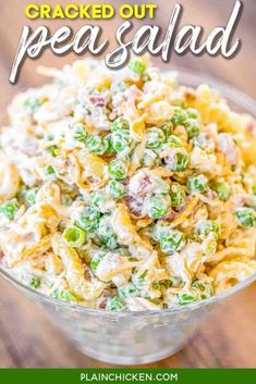 this pasta salad is loaded with peas and cheese