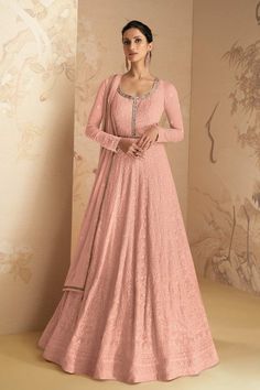 Buy Peach Georgette Thread and Sequins Work Anarkali Suit Set Online Pink Anarkali Suits, Full Sleeve Gowns, Georgette Anarkali Suits, Pink Anarkali, Long Anarkali, Gown With Dupatta, Georgette Dupatta, Anarkali Gown, Utsav Fashion