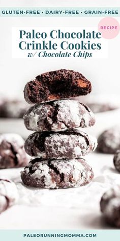 chocolate crinkle cookies stacked on top of each other with text overlay reading paleo chocolate crinkle cookies