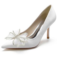 Shop White Satin Crystals Bow Wedding Heels Closed-Toe Stiletto Bridal Pumps color White for Anniversary, Wedding with worldwide Free shipping & Free return. Elegant High Heel Bridal Accessories, Silver Fitted Heels For Wedding, Elegant Low Heel Wedding Shoes For Bride, Elegant Pointed Toe Wedding Shoes For Ceremony, Elegant White Shoe Clips For Wedding, Fitted Wedding Shoes With Pointed Toe, Fitted Lace Wedding Shoes With Pointed Toe, Elegant Low Heel Bridal Heels, Elegant Low Heel Bride Heels