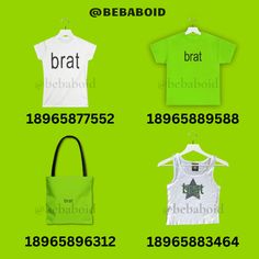 four different t - shirts with the words bra and brat on them