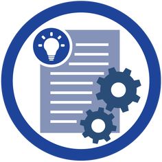 two gears and a lightbulb on top of a paper in a blue circle